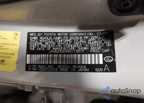 2005 Lexus Es 330 z USA, uszkodzony, nr VIN JTHBA30G955113877